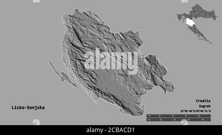 Form von Licko-Senjska, Grafschaft Kroatien, mit seiner Hauptstadt auf festem Hintergrund isoliert. Entfernungsskala, Regionenvorschau und Beschriftungen. Höhe der Bilevel Stockfoto