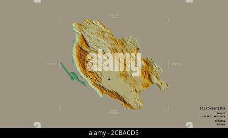 Gebiet von Licko-Senjska, Grafschaft Kroatien, isoliert auf einem soliden Hintergrund in einem georeferenzierten Begrenzungsrahmen. Beschriftungen. Topografische Reliefkarte. 3D-Rendering Stockfoto