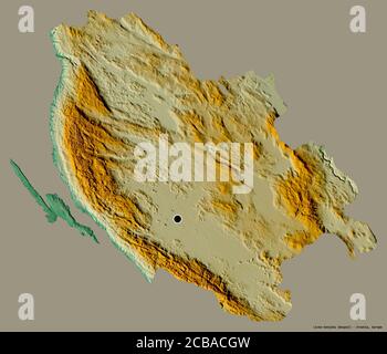 Form von Licko-Senjska, Grafschaft Kroatien, mit seiner Hauptstadt isoliert auf einem einfarbigen Hintergrund. Topografische Reliefkarte. 3D-Rendering Stockfoto