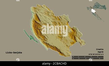 Form von Licko-Senjska, Grafschaft Kroatien, mit seiner Hauptstadt auf festem Hintergrund isoliert. Entfernungsskala, Regionenvorschau und Beschriftungen. Topografisches Relie Stockfoto