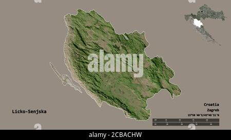 Form von Licko-Senjska, Grafschaft Kroatien, mit seiner Hauptstadt auf festem Hintergrund isoliert. Entfernungsskala, Regionenvorschau und Beschriftungen. Satellitenbilder Stockfoto