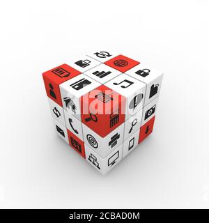 3D Darstellung eines Würfels mit verschiedenen isolierten Symbolen Ein weißer Hintergrund Stockfoto