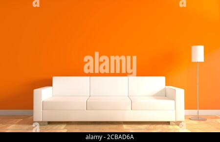 Abbildung eines weißen Sofas und Lampe vor Eine orangefarbene Wand Stockfoto