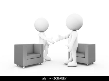 Abbildung von zwei Personen, die sich die Hände schütteln und neben sprechen Graue Sofas auf weißem Hintergrund Stockfoto