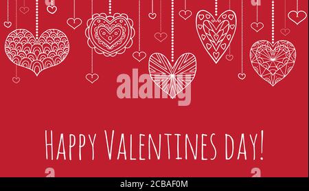 Grußkarte mit hängenden Doodle Herzen, dekoriert mit Boho-Muster, Glückwünsche und Platz für Text zu Bannern, Design-Komposition Ihrer Crea Stock Vektor