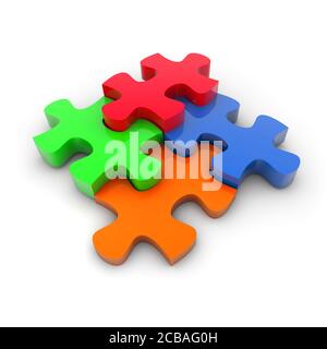 3D Rendering von grünen, roten, blauen und orangen Puzzleteilen isoliert auf weißem Hintergrund Stockfoto
