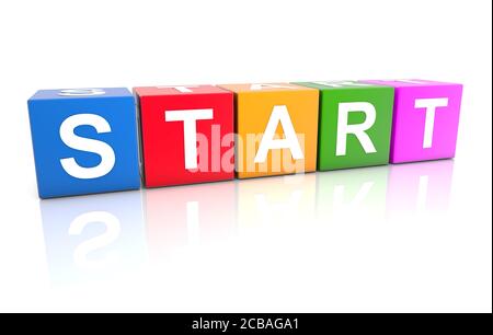 3D Rendern von bunten Blöcken Rechtschreibung Start auf einem Weißer Hintergrund Stockfoto