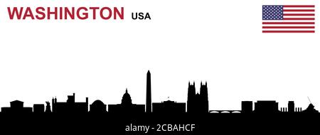 Illustration der Skyline von Washington mit einer amerikanischen Flagge auf einem Weißer Hintergrund Stockfoto