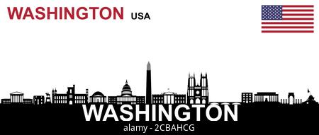 Illustration des Stadtbildes von Washington mit der Flagge der USA Auf weißem Hintergrund Stockfoto