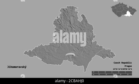 Form von Jihomoravský, Region der Tschechischen Republik, mit seiner Hauptstadt auf festem Hintergrund isoliert. Entfernungsskala, Regionenvorschau und Beschriftungen. Bilevel Stockfoto