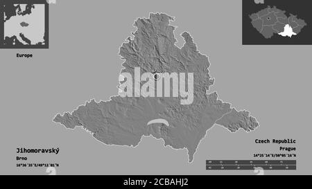 Form von Jihomoravský, Region der Tschechischen Republik, und seine Hauptstadt. Entfernungsskala, Vorschauen und Beschriftungen. Höhenkarte mit zwei Ebenen. 3D-Rendering Stockfoto