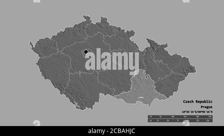 Entsättigte Form der Tschechischen Republik mit ihrer Hauptstadt, Hauptregionalteilung und dem abgetrennten Jihomoravský-Gebiet. Beschriftungen. Höhenkarte mit zwei Ebenen. 3D-RE Stockfoto