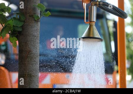 12. August 2020, Sachsen-Anhalt, Halle: Ein Bewässerungsfahrzeug der Wasser- und Stadtwirtschaft bewässert am Straßenrand einen Baum. Seit 10.08.2020 werden Bäume im Stadtgebiet von Halle mit dem neuen Gerät bewässert, das mit einem 12,000-Liter-Tank ausgestattet ist. Foto: Sebastian Willnow/dpa-Zentralbild/ZB Stockfoto