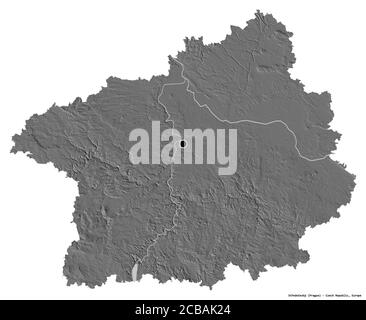 Form von Středočeský, Region der Tschechischen Republik, mit seiner Hauptstadt isoliert auf weißem Hintergrund. Höhenkarte mit zwei Ebenen. 3D-Rendering Stockfoto