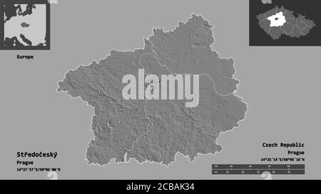 Form von Středočeský, Region der Tschechischen Republik, und seine Hauptstadt. Entfernungsskala, Vorschauen und Beschriftungen. Höhenkarte mit zwei Ebenen. 3D-Rendering Stockfoto