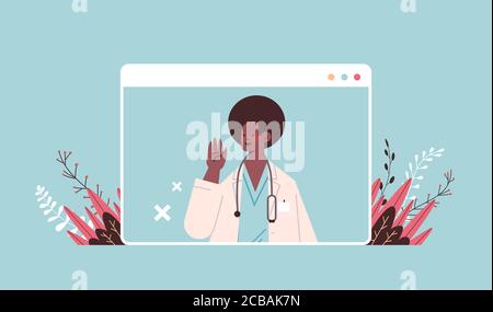 Männliche Arzt in Web-Browser-Fenster Beratung Patient Online-Beratung Healthcare Telemedizin medizinische Beratung Konzept Portrait horizontale Vektor Illustration Stock Vektor