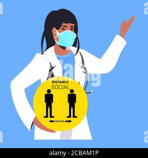 Weibliche Ärztin in Maske hält gelbe runde Zeichen für soziale Distancing Coronavirus Pandemieschutz Maßnahmen Porträt Vektor Illustration Stock Vektor