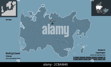 Form von Midtjylland, Region von Dänemark, und seine Hauptstadt. Entfernungsskala, Vorschauen und Beschriftungen. Farbige Höhenkarte. 3D-Rendering Stockfoto