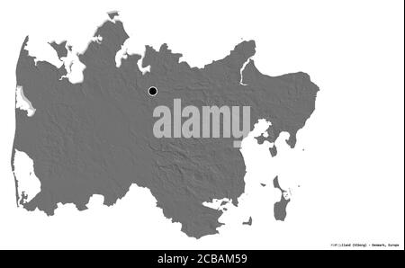 Form von Midtjylland, Region von Dänemark, mit seiner Hauptstadt isoliert auf weißem Hintergrund. Höhenkarte mit zwei Ebenen. 3D-Rendering Stockfoto