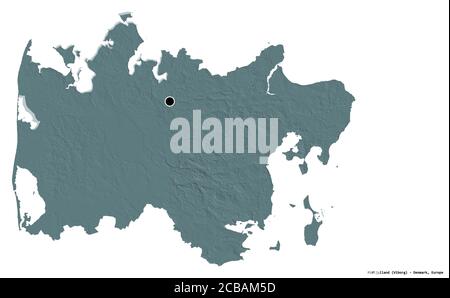 Form von Midtjylland, Region von Dänemark, mit seiner Hauptstadt isoliert auf weißem Hintergrund. Farbige Höhenkarte. 3D-Rendering Stockfoto