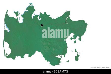 Form von Midtjylland, Region von Dänemark, mit seiner Hauptstadt isoliert auf weißem Hintergrund. Topografische Reliefkarte. 3D-Rendering Stockfoto