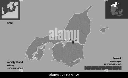 Form von Nordjylland, Region von Dänemark, und seine Hauptstadt. Entfernungsskala, Vorschauen und Beschriftungen. Höhenkarte mit zwei Ebenen. 3D-Rendering Stockfoto