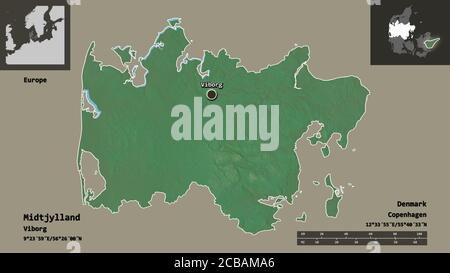 Form von Midtjylland, Region von Dänemark, und seine Hauptstadt. Entfernungsskala, Vorschauen und Beschriftungen. Topografische Reliefkarte. 3D-Rendering Stockfoto