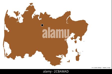 Form von Midtjylland, Region von Dänemark, mit seiner Hauptstadt isoliert auf weißem Hintergrund. Komposition von gemusterten Texturen. 3D-Rendering Stockfoto