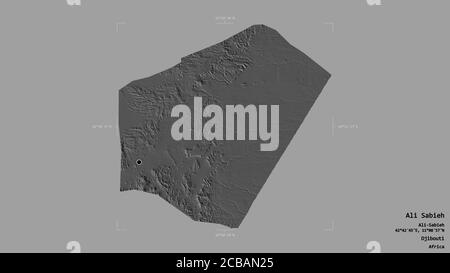 Gebiet von Ali Sabieh, Region von Dschibuti, isoliert auf einem soliden Hintergrund in einem georeferenzierten Begrenzungsrahmen. Beschriftungen. Höhenkarte mit zwei Ebenen. 3D-Rendering Stockfoto