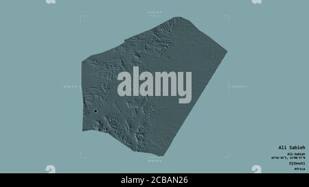 Gebiet von Ali Sabieh, Region von Dschibuti, isoliert auf einem soliden Hintergrund in einem georeferenzierten Begrenzungsrahmen. Beschriftungen. Farbige Höhenkarte. 3D-Rendering Stockfoto