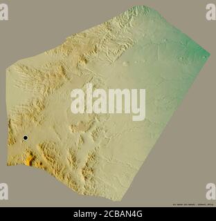 Form von Ali Sabieh, Region von Dschibuti, mit seiner Hauptstadt isoliert auf einem einfarbigen Hintergrund. Topografische Reliefkarte. 3D-Rendering Stockfoto