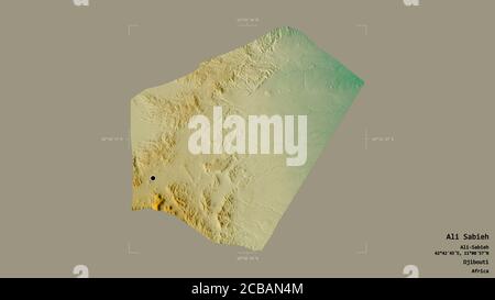 Gebiet von Ali Sabieh, Region von Dschibuti, isoliert auf einem soliden Hintergrund in einem georeferenzierten Begrenzungsrahmen. Beschriftungen. Topografische Reliefkarte. 3D-Rendering Stockfoto