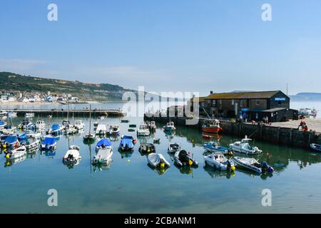 Lyme Regis, Dorset, Großbritannien. August 2020. Wetter in Großbritannien. Der Cobb Harbour unter klarem blauen Himmel am Badeort Lyme Regis in Dorset an einem weiteren heißen sonnigen Tag, wenn die Hitzewelle weiter geht. Bild: Graham Hunt/Alamy Live News Stockfoto