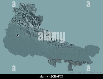 Form von Duarte, Provinz der Dominikanischen Republik, mit seiner Hauptstadt isoliert auf einem einfarbigen Hintergrund. Farbige Höhenkarte. 3D-Rendering Stockfoto