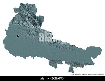 Form von Duarte, Provinz der Dominikanischen Republik, mit seiner Hauptstadt isoliert auf weißem Hintergrund. Farbige Höhenkarte. 3D-Rendering Stockfoto