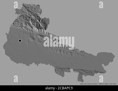 Form von Duarte, Provinz der Dominikanischen Republik, mit seiner Hauptstadt isoliert auf einem einfarbigen Hintergrund. Höhenkarte mit zwei Ebenen. 3D-Rendering Stockfoto