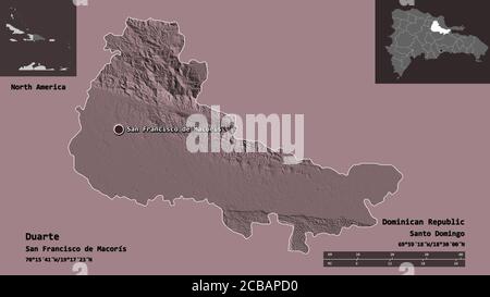 Form von Duarte, Provinz der Dominikanischen Republik, und seine Hauptstadt. Entfernungsskala, Vorschauen und Beschriftungen. Farbige Höhenkarte. 3D-Rendering Stockfoto