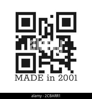 Hergestellt im Jahr 2001. Stilisierte Vektorbeschriftung mit echtem QR-Code. Illustration für Kleidung, Textilien und Grüße. Vektordarstellung isoliert auf einem Whit Stock Vektor