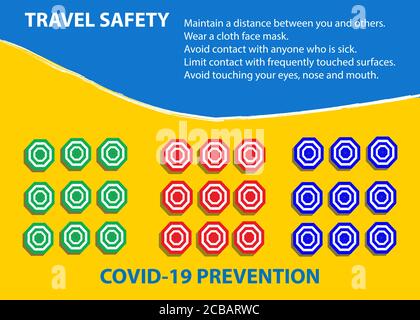 Tropical Holidays travel Safety instruction for Prevention of Covid-19 Vorlage zeigt Strand mit bunten Sonnenschirmen. Stock Vektor