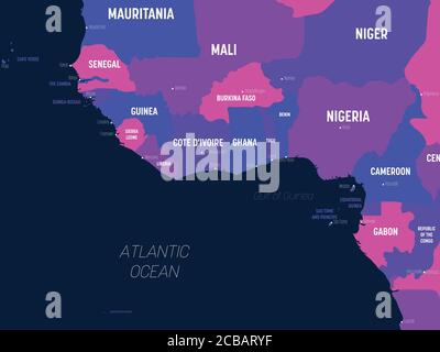 Westafrika-Karte. Hoch detaillierte politische Karte von westafrika und der Bucht von Guinea mit Land, Hauptstadt, Meer und Meer Namen Kennzeichnung. Stock Vektor