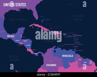 Karte für Zentralamerika. Hoch detaillierte politische Karte Mittelamerika und Karibik Region mit Land, Hauptstadt, Meer und Meer Namen Kennzeichnung. Stock Vektor