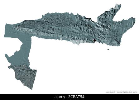 Form von Samaná, Provinz der Dominikanischen Republik, mit seiner Hauptstadt isoliert auf weißem Hintergrund. Farbige Höhenkarte. 3D-Rendering Stockfoto