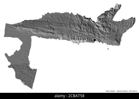 Form von Samaná, Provinz der Dominikanischen Republik, mit seiner Hauptstadt isoliert auf weißem Hintergrund. Höhenkarte mit zwei Ebenen. 3D-Rendering Stockfoto