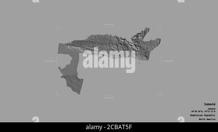 Gebiet von Samaná, Provinz der Dominikanischen Republik, isoliert auf einem soliden Hintergrund in einem georeferenzierten Begrenzungsrahmen. Beschriftungen. Höhenkarte mit zwei Ebenen. 3D-Rend Stockfoto