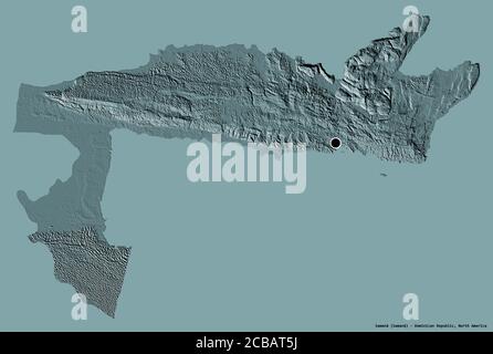 Form von Samaná, Provinz der Dominikanischen Republik, mit seiner Hauptstadt isoliert auf einem einfarbigen Hintergrund. Farbige Höhenkarte. 3D-Rendering Stockfoto