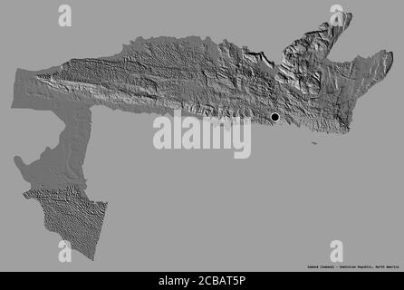 Form von Samaná, Provinz der Dominikanischen Republik, mit seiner Hauptstadt isoliert auf einem einfarbigen Hintergrund. Höhenkarte mit zwei Ebenen. 3D-Rendering Stockfoto