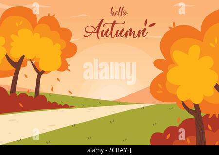 Gasse im Park. Herbst Landschaft Hintergrund. Hello Autumn Schriftzug Logo, Vektorgrafik. Stock Vektor