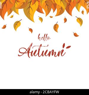 Cartoon Herbstblätter. Hello Autumn Schriftzug auf weißem Hintergrund, Vektorgrafik. Stock Vektor