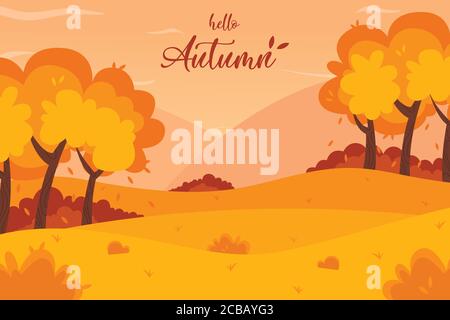 Herbst Landschaft Hintergrund. Hello Autumn Schriftzug Logo, Vektorgrafik. Stock Vektor