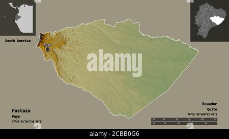 Form von Pastaza, Provinz von Ecuador, und seine Hauptstadt. Entfernungsskala, Vorschauen und Beschriftungen. Topografische Reliefkarte. 3D-Rendering Stockfoto